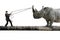 Businessman pulling rope against rhinoceros balancing on tree tr