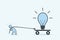 Businessman pulls light bulb on cart. The concept of perseverance and promotion of idea. Vector