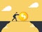 Businessman push coin dollar cross the mountain. concept challenge and obstacle.