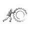 Businessman pushing a big gear cogwheel silhouette blurred monochrome