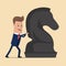 Businessman pushing a giant chess horse. Business strategy, strategic move concept. Vector illustration