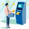 Businessman receives gold bars from an ATM. Loan repayment. In minimalist style Cartoon flat Vector