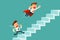 Businessman in red cape flying pass his competitor on stair