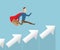Businessman in red cape running on arrow stairs