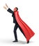 A businessman in a red flowing cape standing in side view and trying to grab something above with both hands.