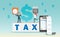 Businessman report online tax filing on smart phone with printed document receipt