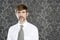 Businessman retro mustache over gray wallpaper