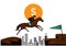 Businessman riding a horse over obstacles across the hill.