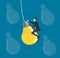 Businessman riding a light bulb flying in the sky, creative concepts