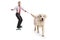 Businessman riding a longboard and walking a dog