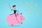 Businessman riding piggy bank catching coin. Vector illustration