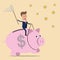 Businessman riding piggy bank catching coin. Vector illustration