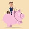 Businessman riding a piggy bank. Management concept. Money Saving Concept. Vector illustration