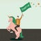 Businessman riding a unicorn with start up flag in his hand