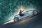 The businessman riding vintage roadster in motivation concept