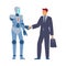 Businessman and robot partners handshaking, flat vector illustration isolated.