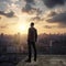 Businessman on Rooftop at Sunrise Sunset with Cityscape Silhouette