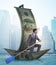 The businessman rowing on dollar boat in business financial conc