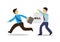 Businessman running away from a man with a bill. Business concept of escape or debt