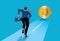 Businessman running away to bitcoin . businessman or debt collector running or chasing a coin or money symbol