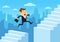 Businessman running up staircase and jumping over chasm, Gap on stairway to success, Business concept of challenge problem