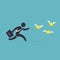 Businessman runs after money flies away. Man in a hurry for coins with wings. Vector illustration. Concept of desire for wealth