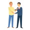 Businessman or saleman handshake meeting business partner client cartoon character vector illustration. Meeting