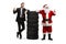 Businessman and Santa Claus leaning on a pile of tires and showing thumbs up