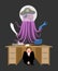 Businessman scared under table of Alien Invader. frightened business man under work board. Space pirate Octopus. Boss fear office