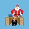 Businessman scared under table of angry Santa Claus. frightened