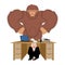 Businessman scared under table of bigfoot. To hide from to be e