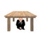 Businessman scared under table. frightened business man under work board. Boss fear office desk. Vector illustration