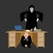 Businessman scared under table of Grim Reaper. frightened business man under work board. does not want to die. Boss fear office d