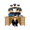 Businessman scared under table of policemen. frightened business