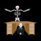 Businessman scared under table of skeleton. frightened business