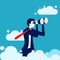 A businessman is searching above the clouds. Business Opportunity Search Ideas.