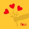 Businessman shadow hand holding bunch bouquet of heart flowers. Yellow background. Love card. Flat design.