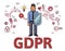 Businessman with a shield among internet and social media symbols. General data protection regulation. GDPR, RGPD, DSGVO