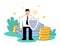 Businessman with a shield protecting savings and inestments in front of pile of money. Flat vector illustration