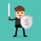 Businessman with shield and sword, Business concept.