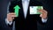 Businessman showing euro banknote and green arrow sign, currency growing, income