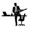 Businessman silhouette with a guitar. A successful business. Success. Chair Desk and drinking from a mug coffee with a laptop