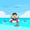 Businessman Sing Sea Water Lifebouy Sharks Around