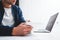 Businessman sits at her desk and preparing project