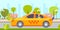 Businessman sitting back seat with open window in yellow taxi cab serious businessman passenger going to office