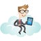 Businessman sitting on cloud with tablet