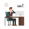 Businessman sitting at desk in bright office, talking on mobile phone and smiling. cartoon guy characters in the suit