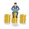 Businessman sitting on gold coins. Concept of creative person, earning money, success.