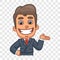 Businessman smiling and showing palm. Funny character