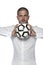 Businessman squeezes the ball, isolated on the white background